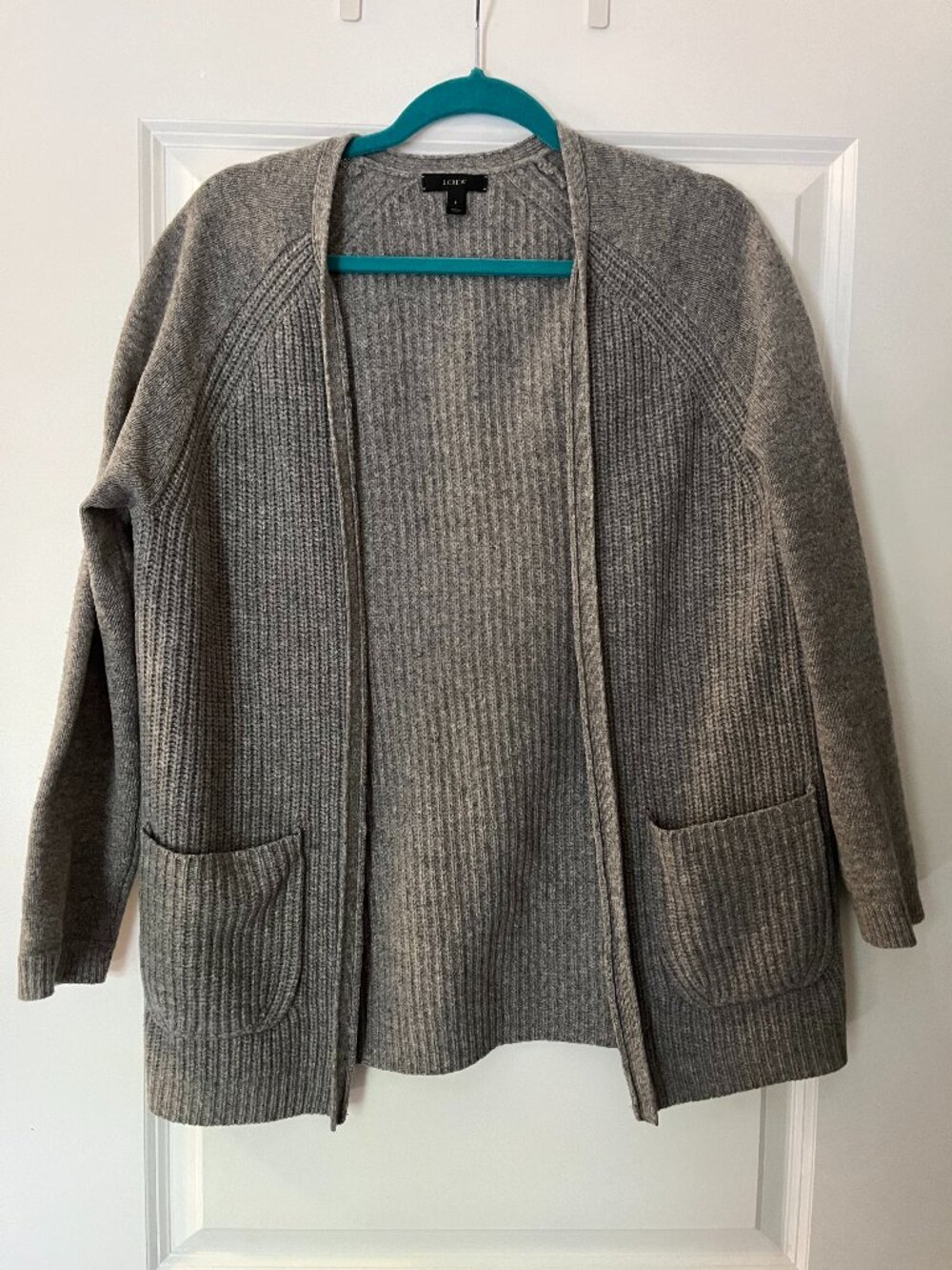 100% Wool J.Crew Gray Ribbed Open Front Cardigan Sweater Size Small w/ Pockets